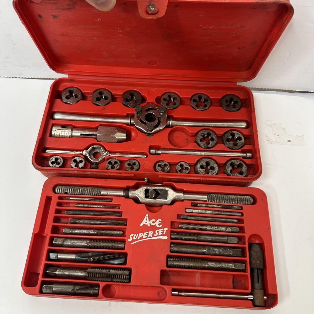 Vintage Ace Super Hex No 606 Tap & Die Set Red Metal Case USA SAE Threading Kit